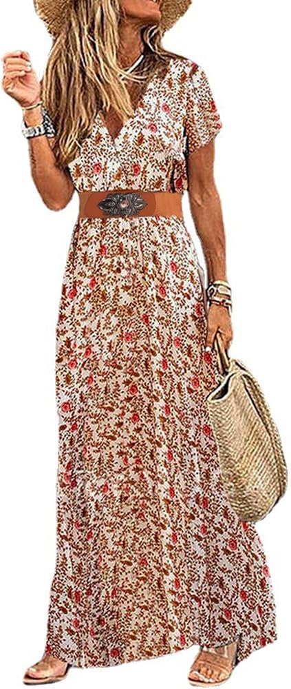 Woolicity Women's 2023 Floral Summer Dress Bohemian Maxi Dresses Wrap V Neck Short Sleeve Belted Midi Long Sun Dresses