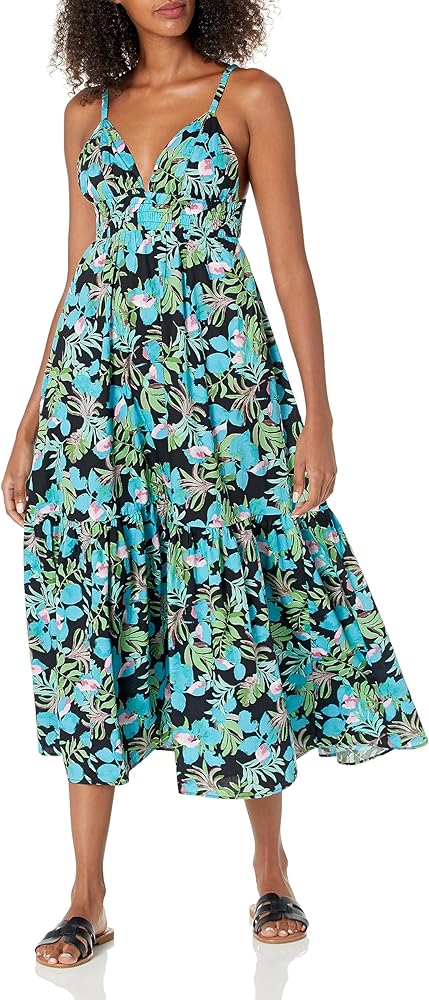 MOON RIVER Women's Sweetheart Neck Sleeveless Back Cut-Out Tiered Shirred Smock Midi Dress