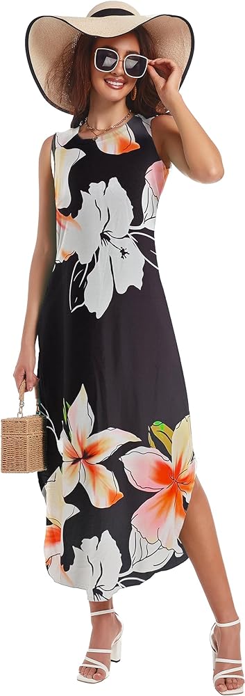 Women Casual Loose Summer Sundress Sleeveless Split Maxi Long Beach Shirt Dress with Pockets