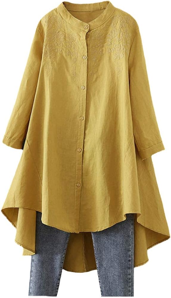 Minibee Women's Cotton Linen Shirt High Low Button Down Embroidered Blouse Long Sleeve Tunic Tops