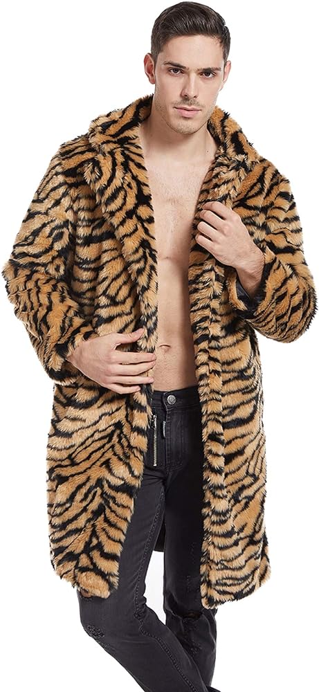 UMREN Mens Warm Leopard Faux Fur Coats Jacket Long Luxury Overwear Parka Cardigans