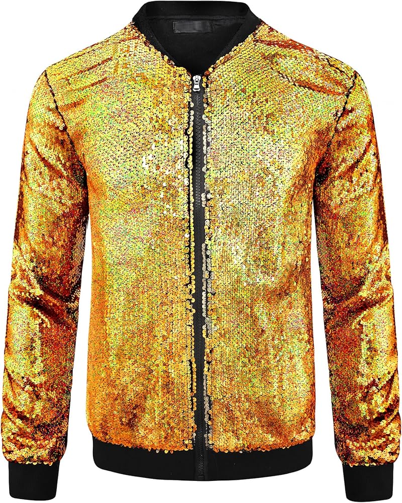 Lars Amadeus Sequin Jacket for Men's Zip Up Long Sleeves Party Disco Sparkly Bomber Jacket