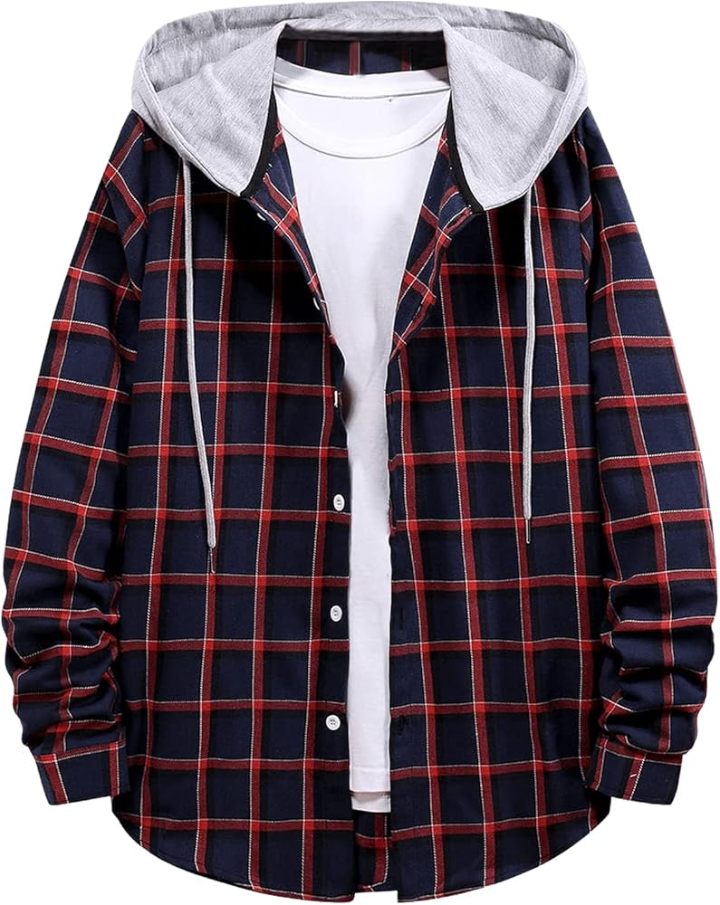 Floerns Men's Drawstring Hoodie Long Sleeve Button Front Plaid Blouse Tops