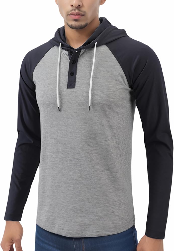 Mens Casual Athletic Fit Lightweight Active Sports Running Hiking Henley Jersey Shirt Hoodie