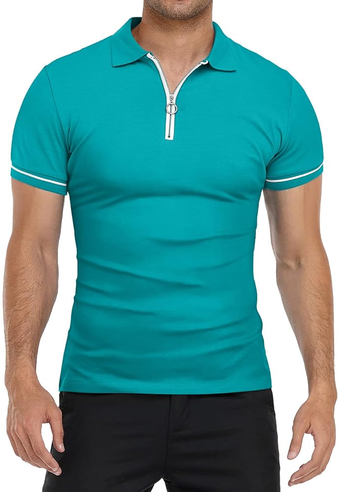 YTD Men's Short Sleeve Polo Shirts Quarter-Zip Casual Slim Fit Lapel Neck Basic Designed Cotton Shirts