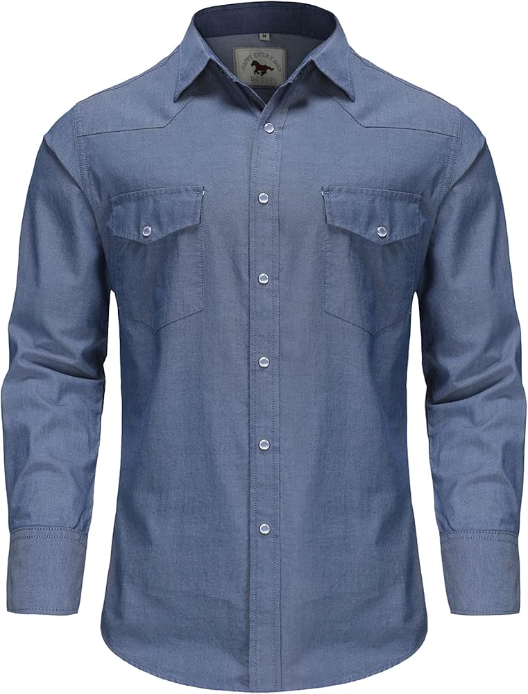 Men's Denim Western Cowboy Pearl Snap Long Sleeve Casual Button Down Up Soild Work Shirts