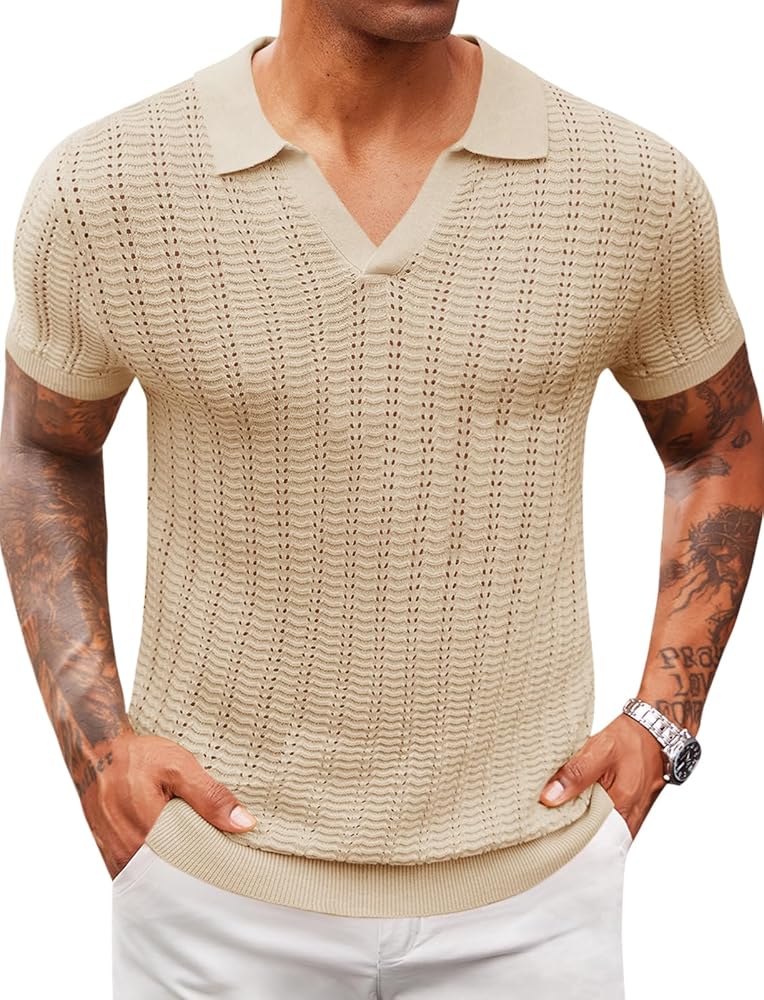 Runcati Mens Knit Short Sleeve Polo Shirts Casual V Neck Hollow Out Sweater Golf Summer Shirt