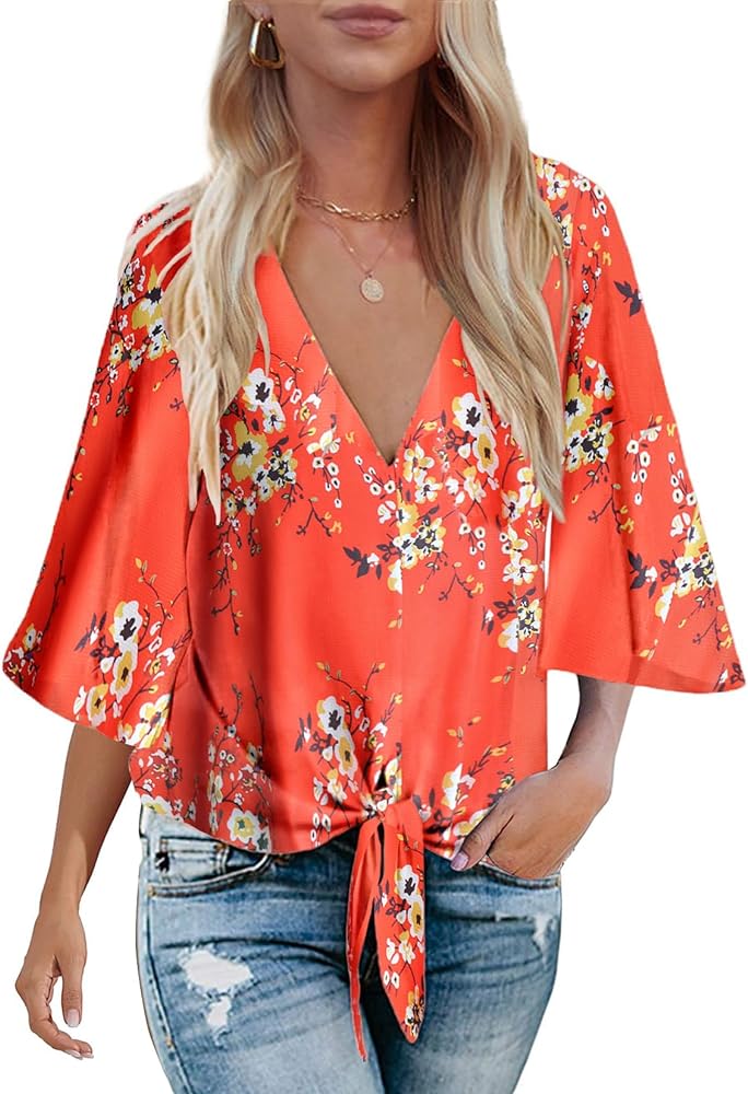 Bluetime Womens Summer Tops Boho 3/4 Sleeve V Neck Tie Front Shirts Casual Floral Blouses