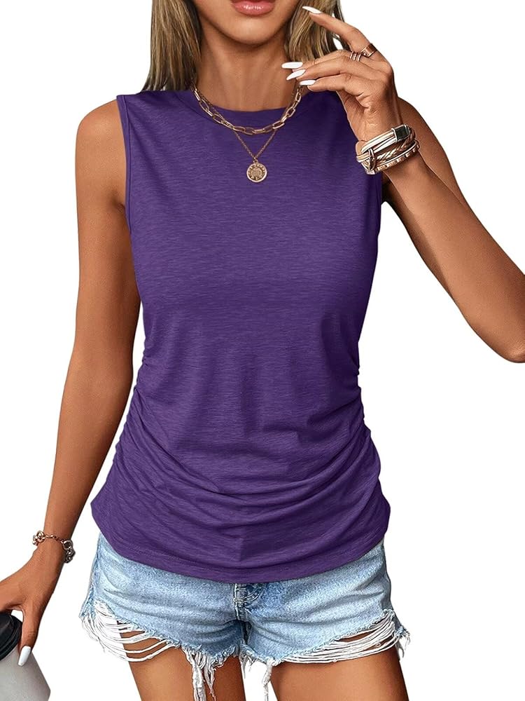 Womens Ruched Tank Tops Crewneck Sleeveless Tops Dressy Casual Spring Summer Tops for Women 2024