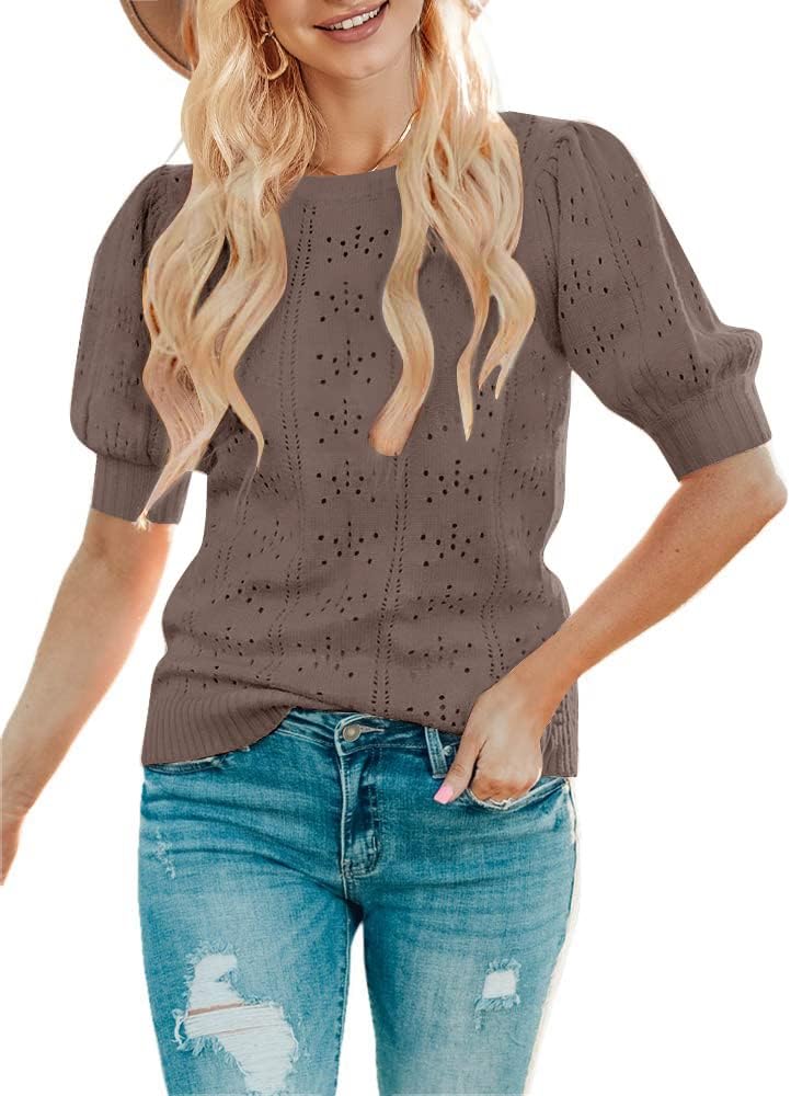 MEROKEETY Women's 2024 Fall Puff Short Sleeve Sweater Tops Crew Neck Crochet Knit Soft Pullover Shirt