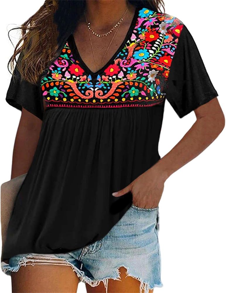 Womens Short Sleeve Mexican Shirts Pleated Front Floral Embroidered Tee Shirt Loose Peasant Tunic Tops