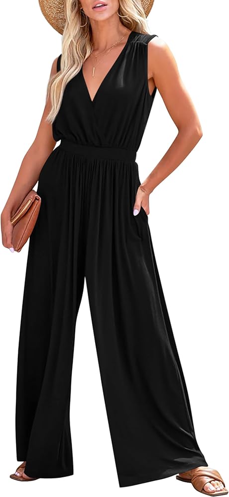 KIRUNDO Jumpsuits For Women Summer Dressy Casual One Piece Sleeveless Wrap V Neck Wide Leg Pants Romper With Pockets