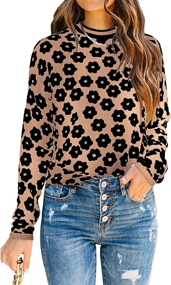 PRETTYGARDEN Women's Knit Sweater Casual Crewneck Long Sleeve Floral Print Lightweight Pullover Sweatshirt