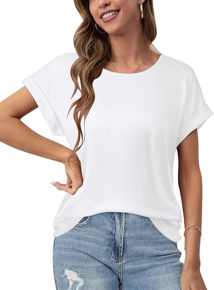 Bliwov Womens Tops Oversized T Shirts Rolled Short Sleeve Blouse 2024 Loose Summer Spring Fashion Clothes Basic Casual Tee,White,S