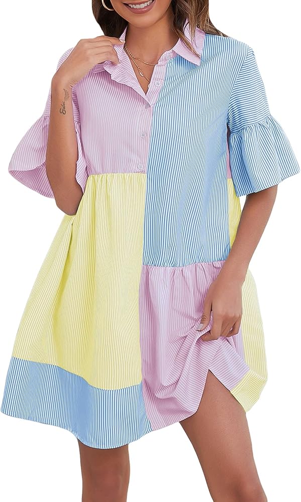 Floerns Women's Color Block Printed Short Sleeve Button Front Striped Shift Dress