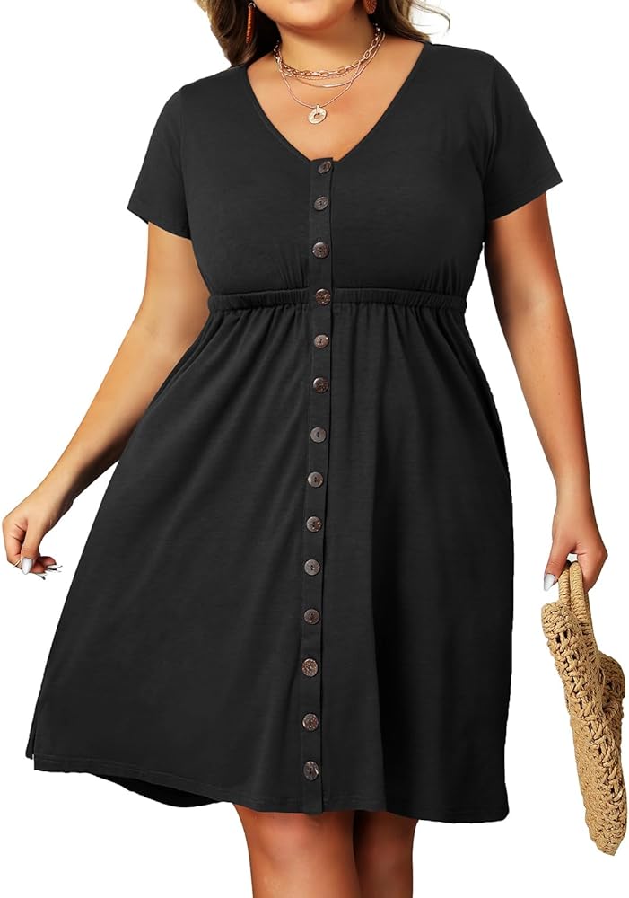 Holipick Women Plus Size Summer Dresses for Women Casual Dress with Pockets Short Sleeve A-Line Swing Button Down V Neck