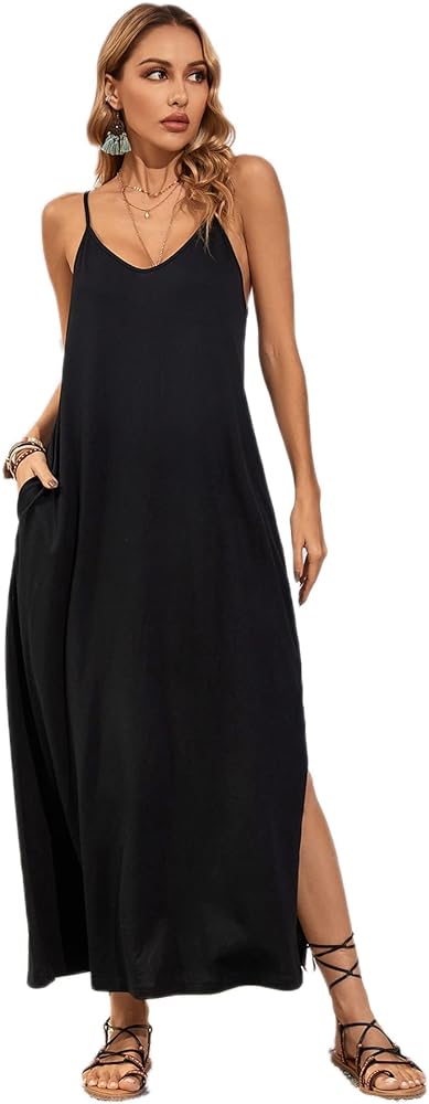 Verdusa Women's Casual V Neck Sleeveless Loose Maxi Cami Long Dress Summer Beach Dress with Pocket