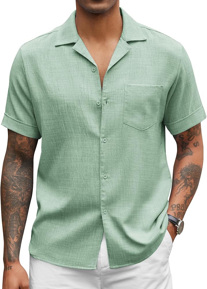 COOFANDY Mens Casual Short Sleeve Button Down Shirts Cuban Linen Textured Shirt Summer Beach Wear