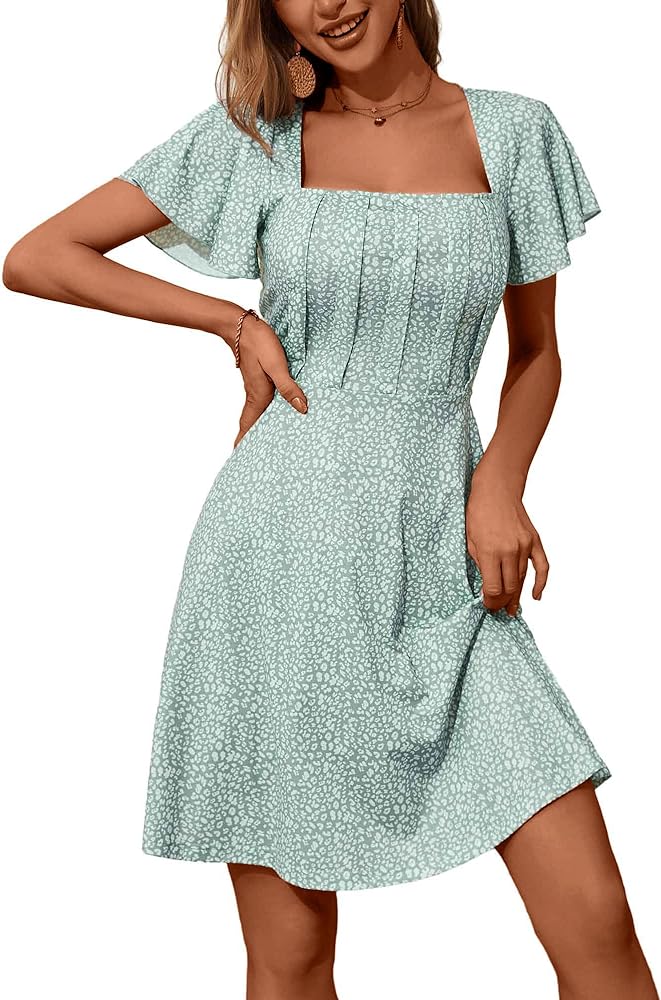 FENSACE Square Neck Ruffle Sleeve Midi Dress Chest Pleated Casual Summer Dresses for Women