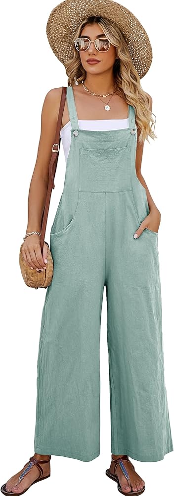 Flygo Womens Cotton Bib Overalls Loose Fit Wide Leg Jumpsuits Casual Rompers with Pockets