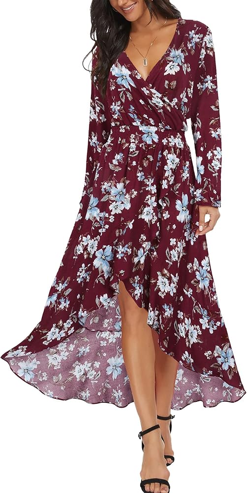 Kormei Women V Neck Floral High Low Flowy Boho Long Sleeve Party Long Maxi Dress