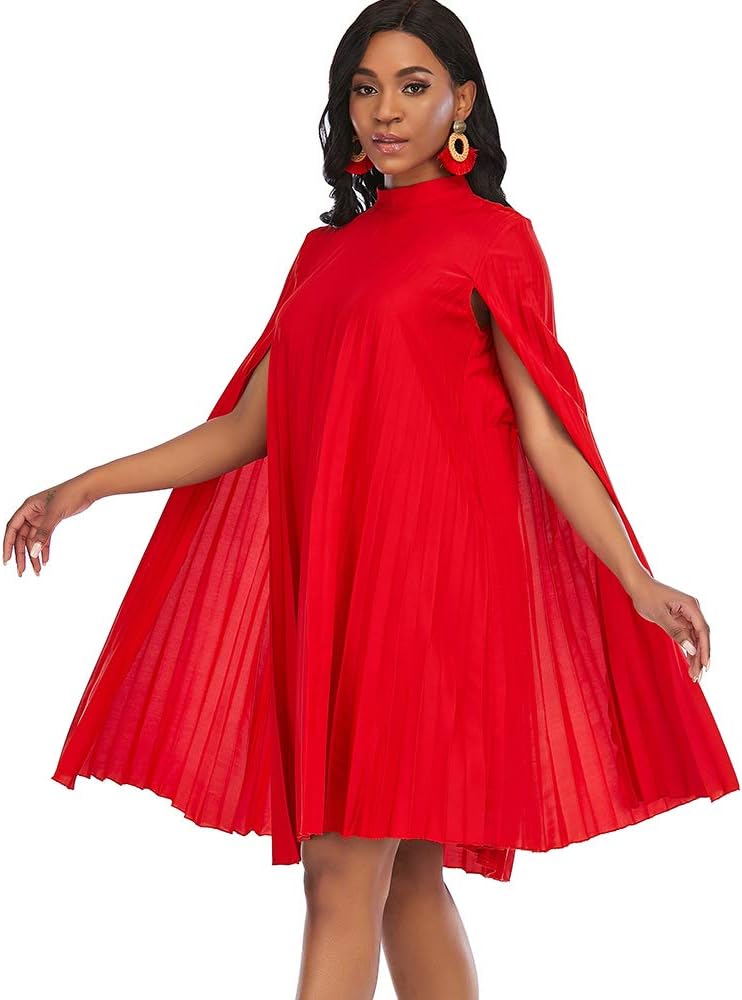 AOMEI Women's Stand Collar Pleated Cape Sleeve Loose Knee Length Dress Plus Size