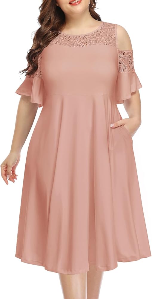 Plus Size Cocktail Dress - Graduation Cold Shoulder Lace Midi Dresses with Pockets