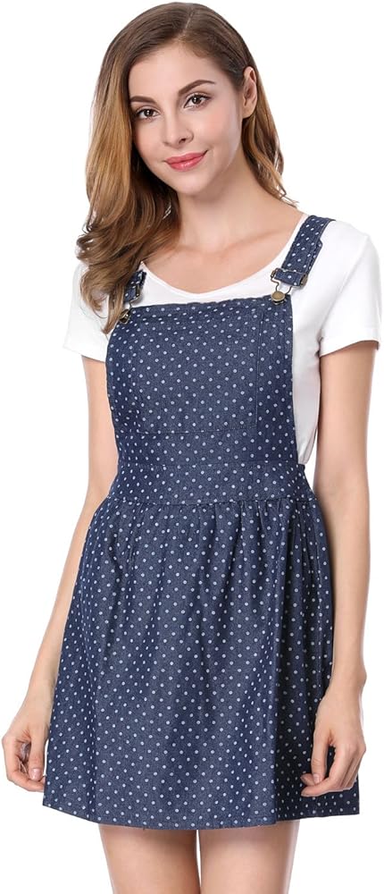 Allegra K Women's Printed Overall Adjustable Straps Suspender Mini Chambray Pinafore Dress