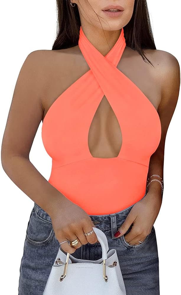 REORIA Butsmooth® Women's Trendy Sexy Criss Cross Halter Neck Sleeveless Thong Bodysuits Tops Clubwear