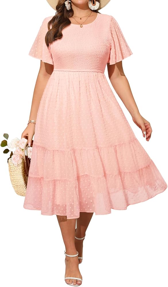 Women Plus Size Summer Casual Flutter Short Sleeve Smocked Midi Swiss Dot Flowy Tiered Dresses