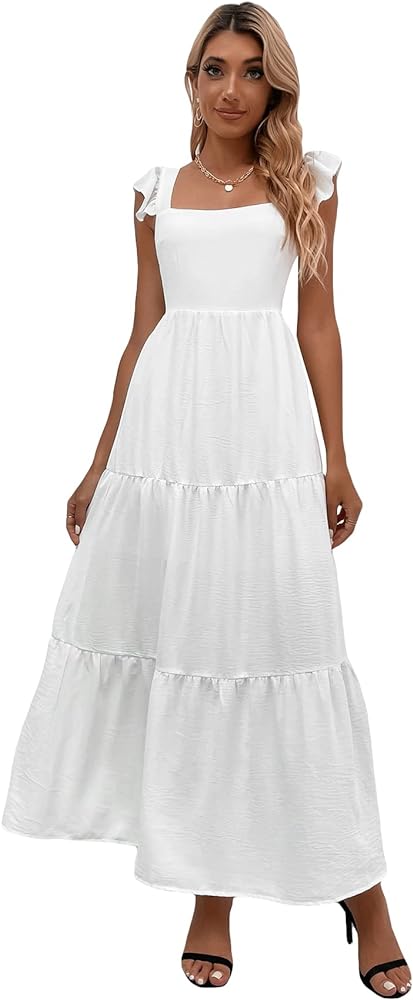 SOLY HUX Women's Summer Square Neck Sleeveless Shirred Ruffle Hem A Line Flowy Long Maxi Dress