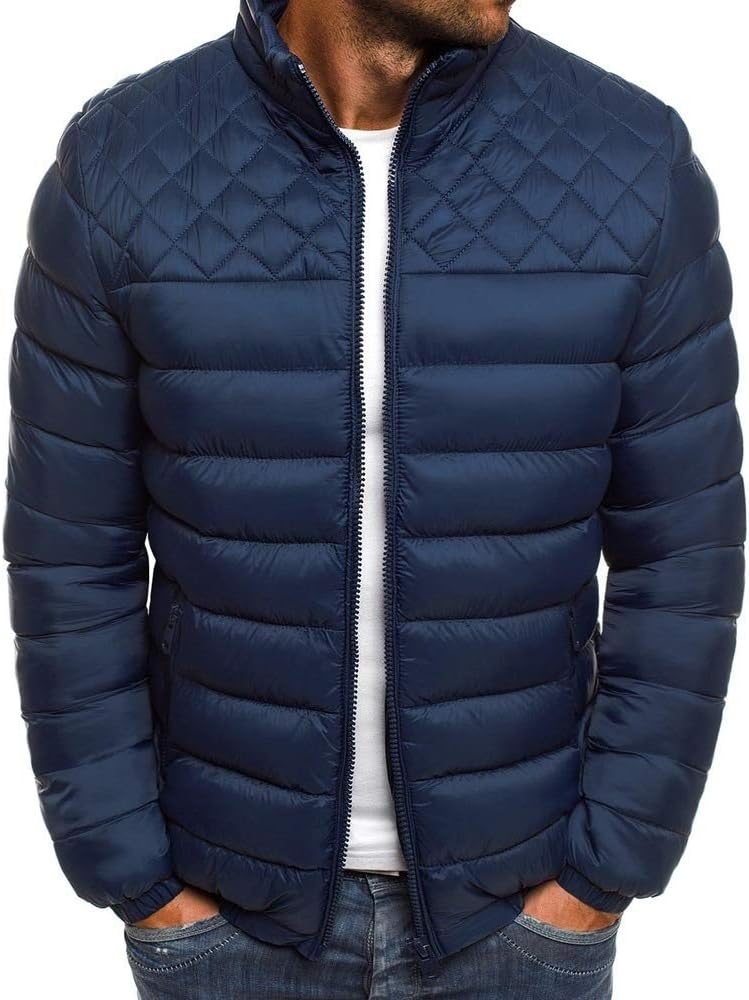 utcoco Mens Quilted Puffer Jacket Stand Collar Full Zip Casual Lightweight Down Jacket Winter Coat