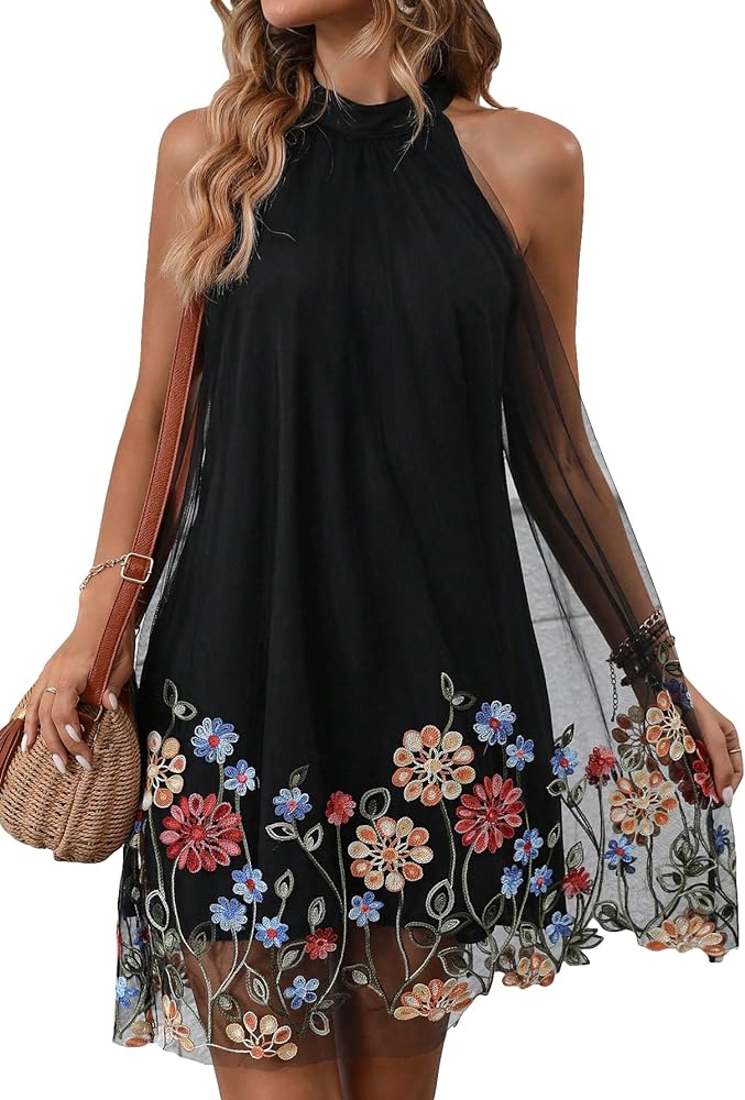 WDIRARA Women's Floral Embroidery Dress Halter Sleeveless A Line Flare Boho Dresses