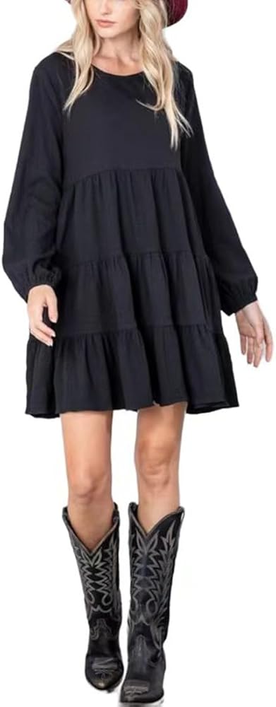 Women Long Sleeves Ruffled Tiered Round Neck Mini Babydoll Dress Flowy Swing Tunic Shift Dresses