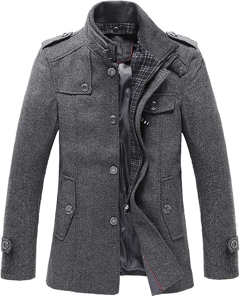 chouyatou Men's Stand Collar Wool-Blend Classic Pea Coat with Removable Inner Collar