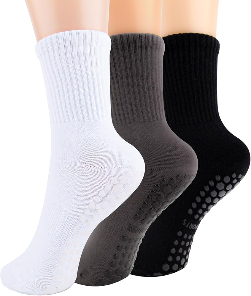 Pilates Yoga Socks with Grips for Women - Crew Length Ballet Barre Socks - Sticky Workout Hospital Socks