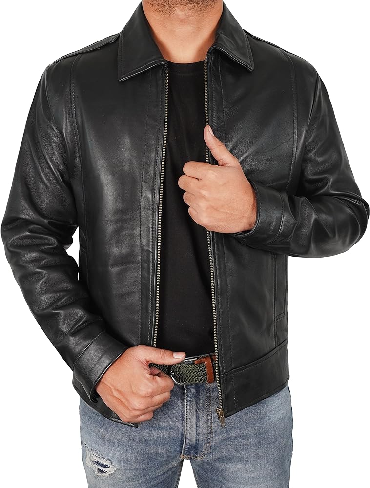 Lambskin Leather Biker Jacket men - Distressed Black Classic Shirt Collar Vintage Brown leather Jackets For Man