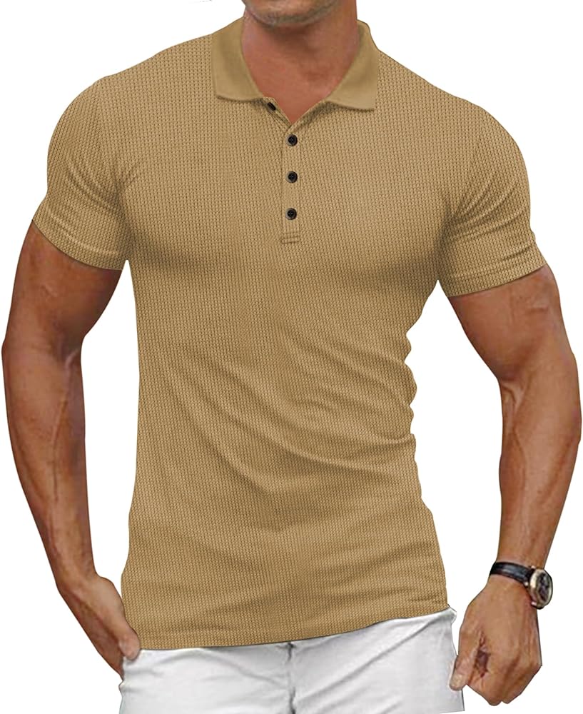 Mens Waffle Knit Polo Shirts Short Sleeve Slim Fit Golf Casual Tee Shirts