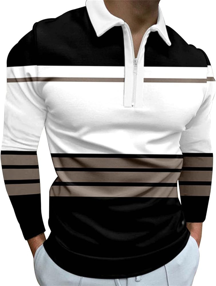 MorwenVeo Men's Fashion Polo Shirts Casual Long Sleeve Golf Shirts Color Block Cotton Tops