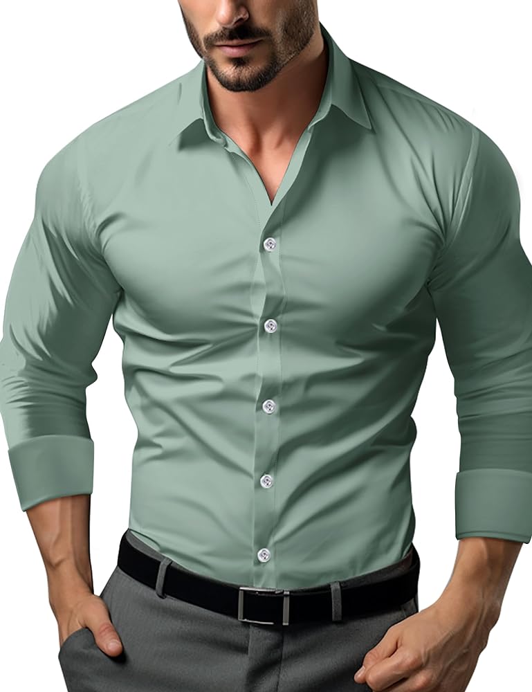 Men's Muscle Dress Shirts Solid Long Sleeve Business Casual Button Down Shirt Slim Fit Stretch Athletic Fit Shirt