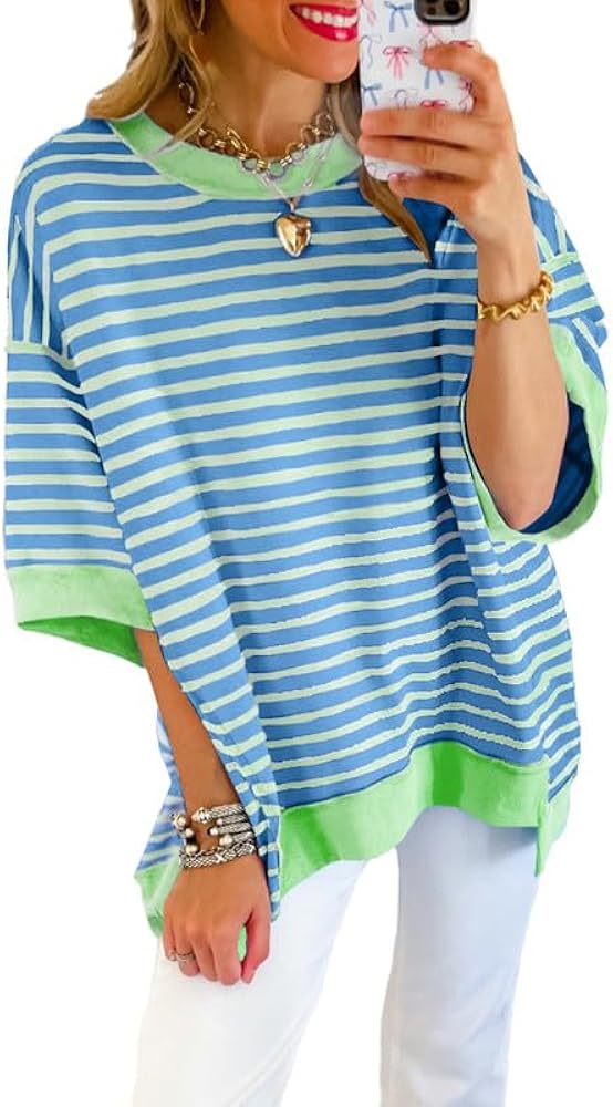 SHEWIN Womens Summer Tops Casual Short Sleeve Sweatshirt Striped Shirt Crewneck Pullover T Shirts Loose Blouses