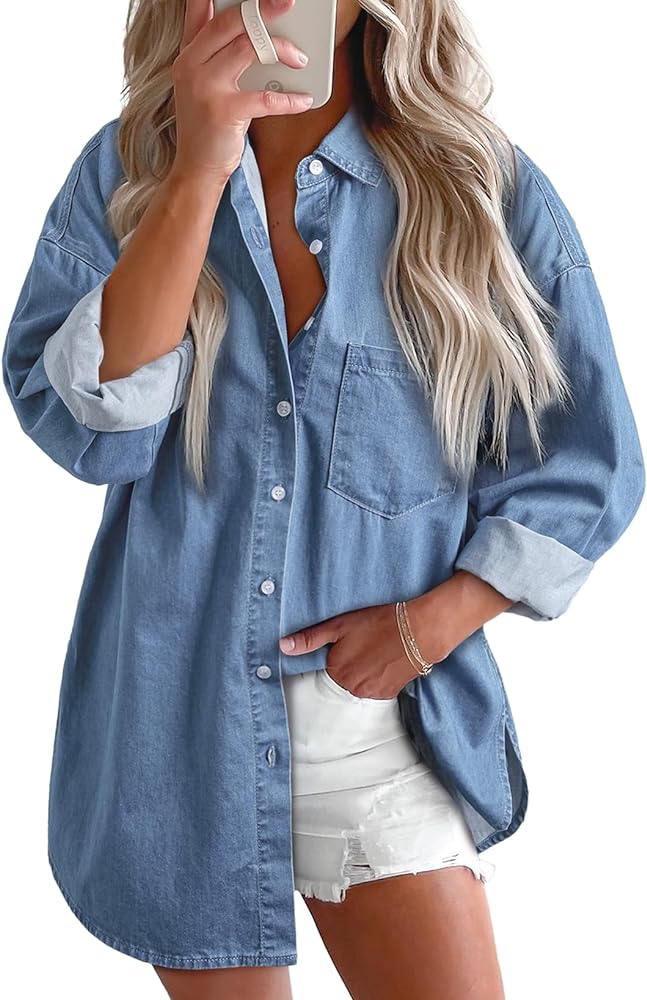 Astylish Women 2024 Denim Shirt Button Down Blouse Long Sleeve V Neck Casual Tops