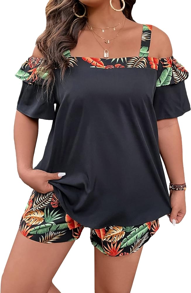 SOLY HUX Women's Plus Size Tropical Print Cold Shoulder Short Sleeve T Shirt and Shorts 2 Piece