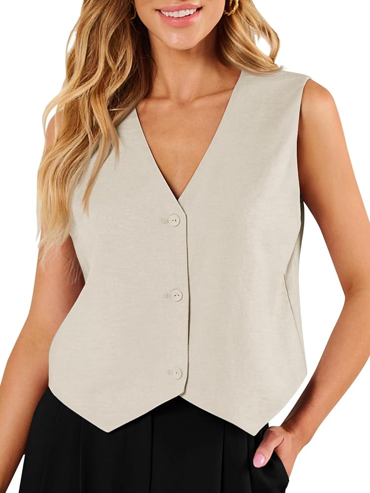 AUTOMET Womens Vests Crop Tank Tops 2024 Linen Button Casual Blazer Suit Spring Outfits Waistcoat Jacket