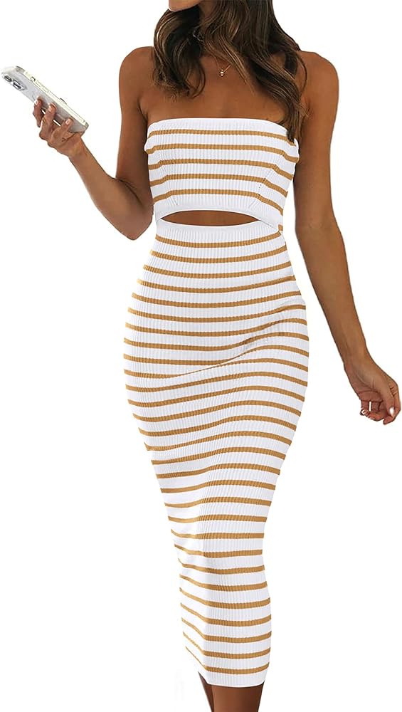 PRETTYGARDEN Women's Summer Midi Bodycon Dress Strapless Cut Out Knit Tube Long Fitted Dresses