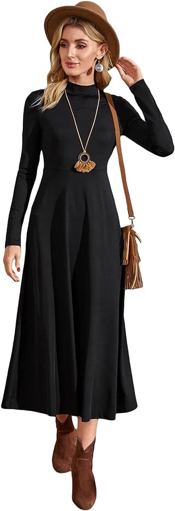 SOLY HUX Women's Mock Neck Long Sleeve Flared A Line Midi Dress Solid High Waist Swing Flowy Long Dresses