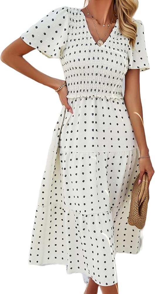 Women Summer 2024 Smocked Midi Dress, Ruffle Short Sleeve V-Neck Flowy A-Line Tiered Swiss Dot Dresses with Pocket