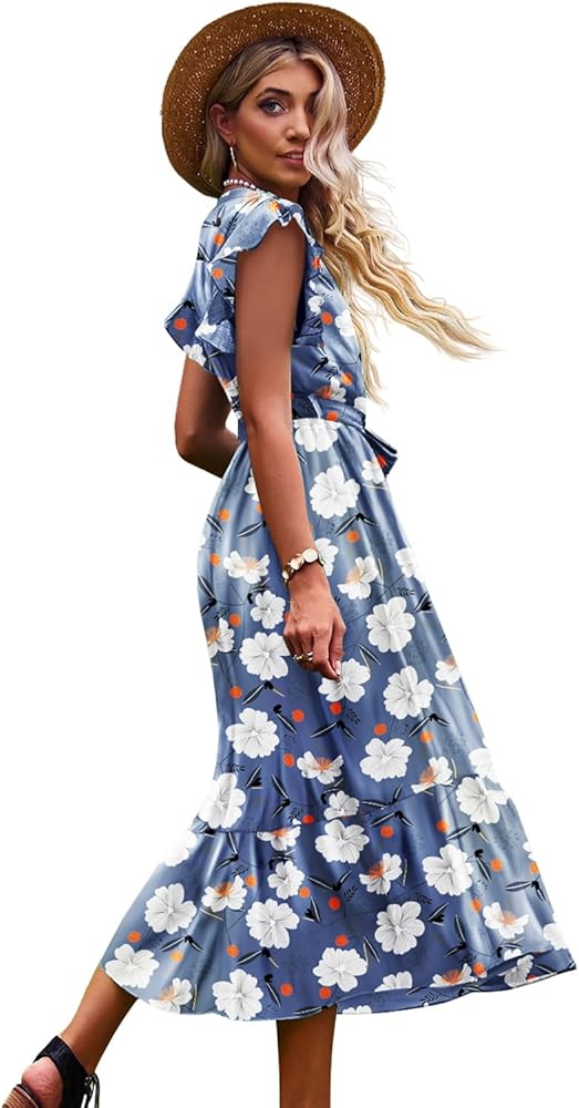 YESNO Women's 2023 Summer Casual Wrap V Neck Floral Dress Ruffle Cap Sleeve Elastic Waist Dresses with Pockets EP1