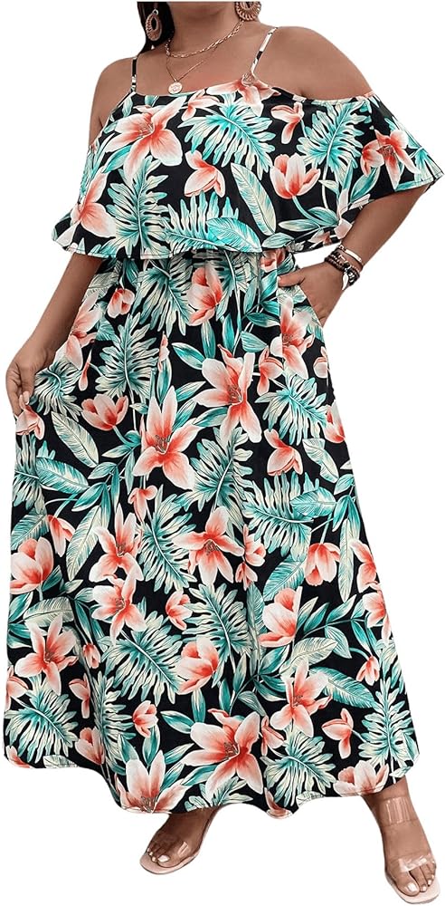 Floerns Women's Plus Size Tropical Print Cold Shoulder Boho A Line Long Dress