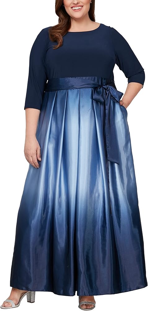 S.L. Fashions Women's Plus Size Long 3/4 Sleeve Satin Party Dress with Pockets